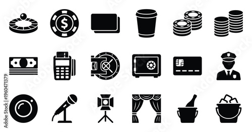 Essential glyph icon set representing casino activities, banking operations, and hospitality services, perfect for web, print, and digital media projects.