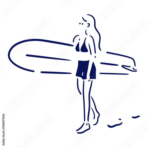サーフボードをもって歩く女性のイラスト素材
