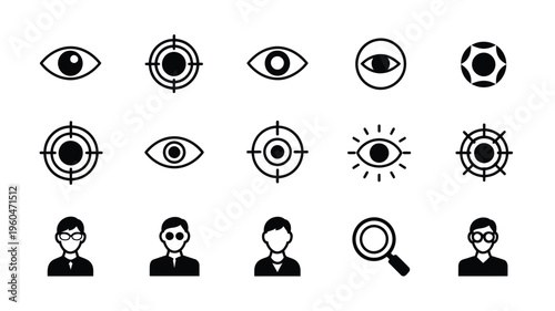 Vision and target icon set with eye focus aim and search symbols in simple black flat design 