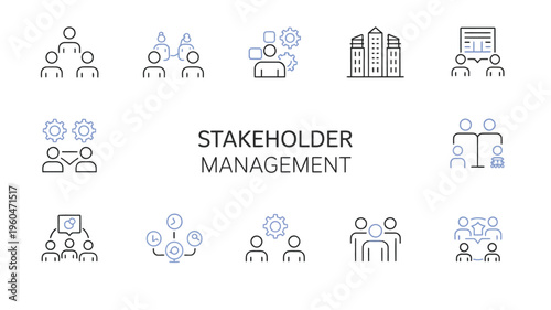 Stakeholder management concept with business network communication and teamwork icons in modern flat style 