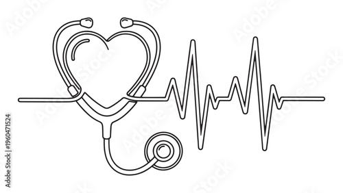 Stethoscope Heartbeat Line Icon for Cardiology Monitoring and Medical Healthcare Examination Vector Illustration