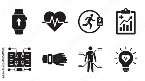 Digital Health & Fitness Technology Vector Icon Set – Smart Vectors Featuring Smartwatches, Heart Rate Monitors, Fitness Trackers, Body Metrics, Wearable Devices, and Connected Health Data