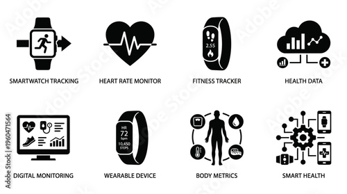 Digital Health & Fitness Technology Vector Icon Set – Smart Vectors Featuring Smartwatches, Heart Rate Monitors, Fitness Trackers, Body Metrics, Wearable Devices, and Connected Health Data