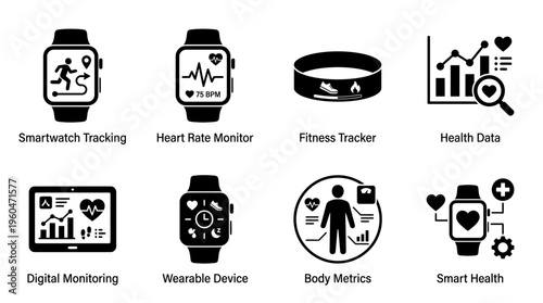 Digital Health & Fitness Technology Vector Icon Set – Smart Vectors Featuring Smartwatches, Heart Rate Monitors, Fitness Trackers, Body Metrics, Wearable Devices, and Connected Health Data