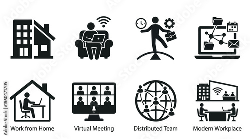 Remote Work & Modern Workplace Vector Icon Set – Smart Vectors Featuring Work from Home, Virtual Meetings, Distributed Teams, Global Collaboration, and Digital Connectivity