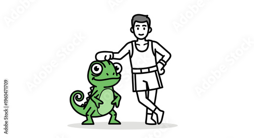 Charming line art illustration of a person and their unique reptilian pet standing together
