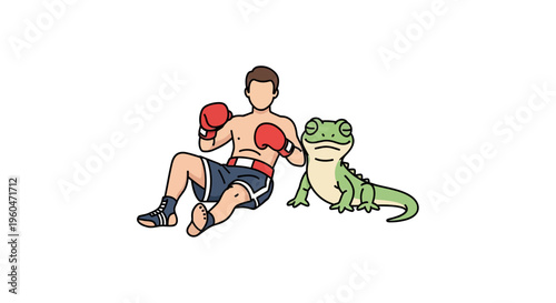 Unconventional companionship: a minimalist illustration of a seated boxer and a calm green lizard
