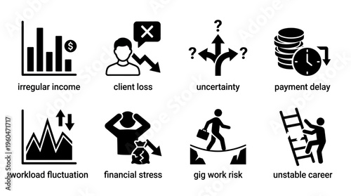 Freelance & Gig Work Challenges Vector Icon Set – Honest Vectors Featuring Irregular Income, Client Loss, Payment Delays, Workload Fluctuations, Financial Stress, and Career Instability