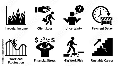 Freelance & Gig Work Challenges Vector Icon Set – Honest Vectors Featuring Irregular Income, Client Loss, Payment Delays, Workload Fluctuations, Financial Stress, and Career Instability