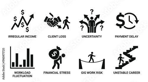 Freelance & Gig Work Challenges Vector Icon Set – Honest Vectors Featuring Irregular Income, Client Loss, Payment Delays, Workload Fluctuations, Financial Stress, and Career Instability