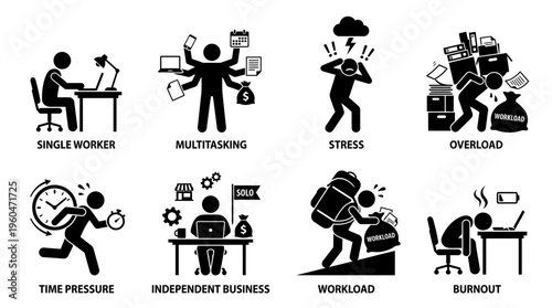 Freelance & Gig Work Challenges Vector Icon Set – Honest Vectors Featuring Irregular Income, Client Loss, Payment Delays, Workload Fluctuations, Financial Stress, and Career Instability