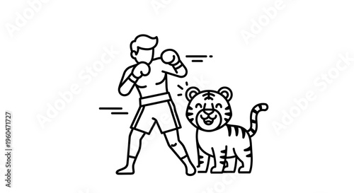 Minimalist line art illustration featuring a determined boxer training alongside a friendly