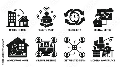 Remote Work & Modern Workplace Vector Icon Set – Smart Vectors Featuring Work from Home, Virtual Meetings, Distributed Teams, Global Collaboration, and Digital Connectivity