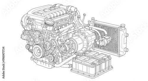Detailed car engine mechanical parts.