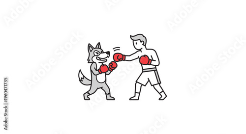 Dynamic cartoon wolf and human engaging in a spirited boxing match illustration representing