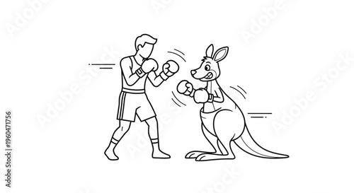 Engaging line art depicting a spirited boxing match between an athletic human and a cheerful