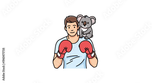Smiling cartoon man with boxing gloves and a cute koala companion on his shoulder ready for a