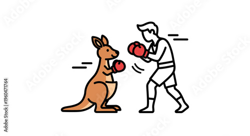 Dynamic outline illustration of a human boxer sparring playfully with an Australian kangaroo in