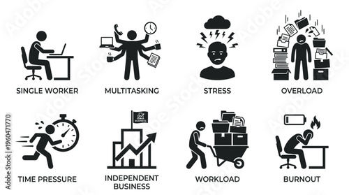 Freelance & Gig Work Challenges Vector Icon Set – Honest Vectors Featuring Irregular Income, Client Loss, Payment Delays, Workload Fluctuations, Financial Stress, and Career Instability