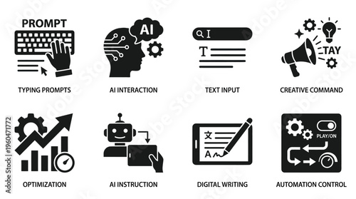 Artificial Intelligence & Digital Interaction Vector Icon Set – Smart Vectors Featuring AI Prompts, Creative Commands, Optimization, Automation Control, Digital Writing, and Human‑AI Collaboration