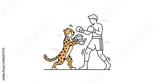 A dynamic illustration of a spotted cheetah engaging in a friendly boxing match against a human