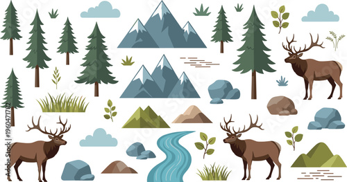 Forest landscape collection with mountains trees river rocks and deer wildlife nature elements vector illustration set isolated on white background
