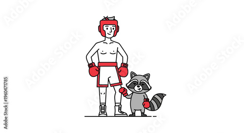 A cheerful human boxer and his determined raccoon companion pose together in matching red gloves