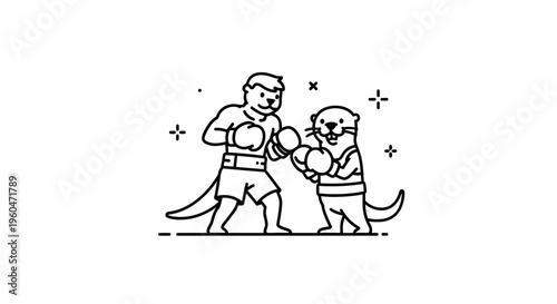 Line drawing of two spirited otters joyfully preparing for an exciting cartoon boxing bout