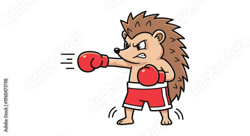 A determined cartoon hedgehog delivering a swift punch in red boxing gloves and shorts ready for
