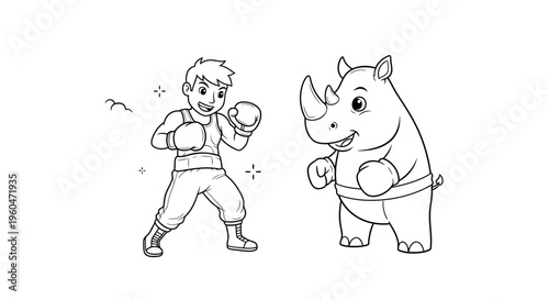 A cheerful young boxer prepares for a friendly cartoon match against a strong, smiling rhinoceros