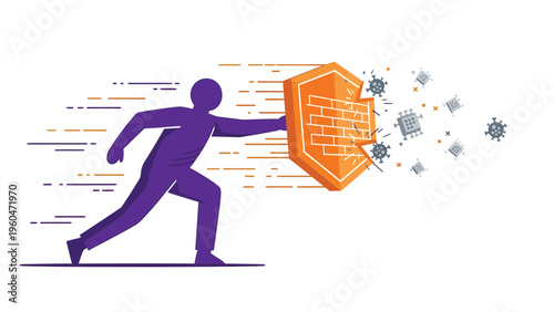 Digital Protection Shield: Person defending against cyber threats, viruses, and malware with a strong firewall concept.