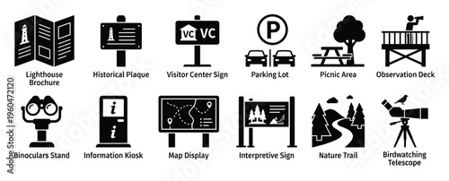 A comprehensive collection of informational and navigational black glyph icons representing various tourist attractions and outdoor activity facilities for travel guides, park maps, and