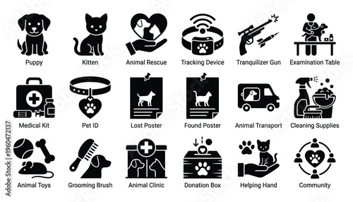 Comprehensive collection of pet care and animal welfare icons featuring veterinary services, rescue, and community support graphics for various applications