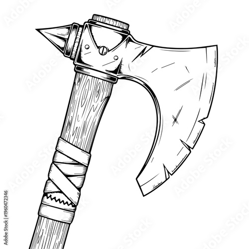 Detailed graphite style axe illustration with wooden handle and metal blade.