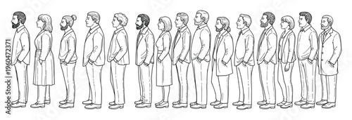 Professional and diverse group of men and women standing in a long queue, portrayed in profile view, useful for representing business teams, waiting lines, and organizational concepts.