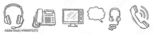 Essential communication tools depicted in a handdrawn doodle style, including a headset, telephone, computer screen, and speech bubble, perfect for customer support and assistance related