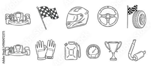 Extensive collection of gokart vehicles and essential racing sport accessories such as helmet, steering wheel, checkered flags, gloves, and trophy, perfect for automotive themed graphic