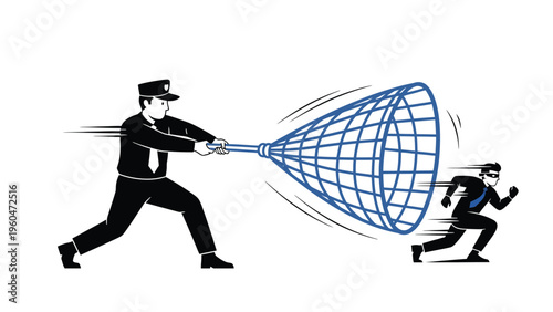 Security guard with net pursuing a masked thief. Crime prevention, law enforcement, and pursuit concept illustration.