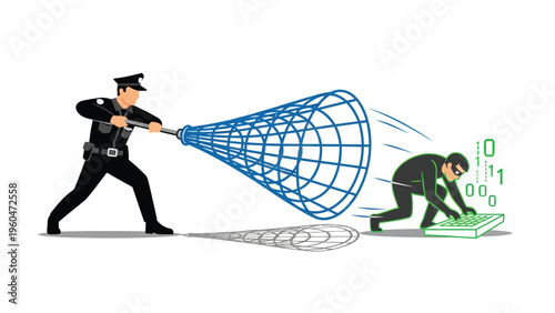 Police officer catching a hacker. Cybersecurity, digital crime, data protection, law enforcement, internet security concept.