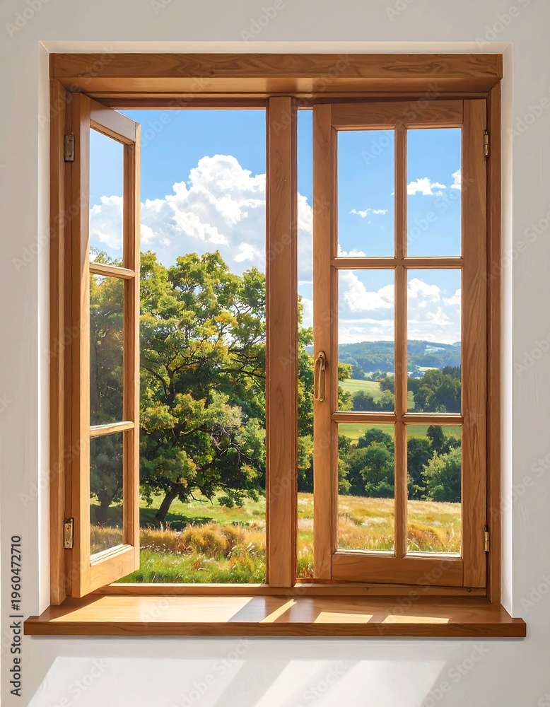 Obraz premium A serene landscape view through an open wooden window