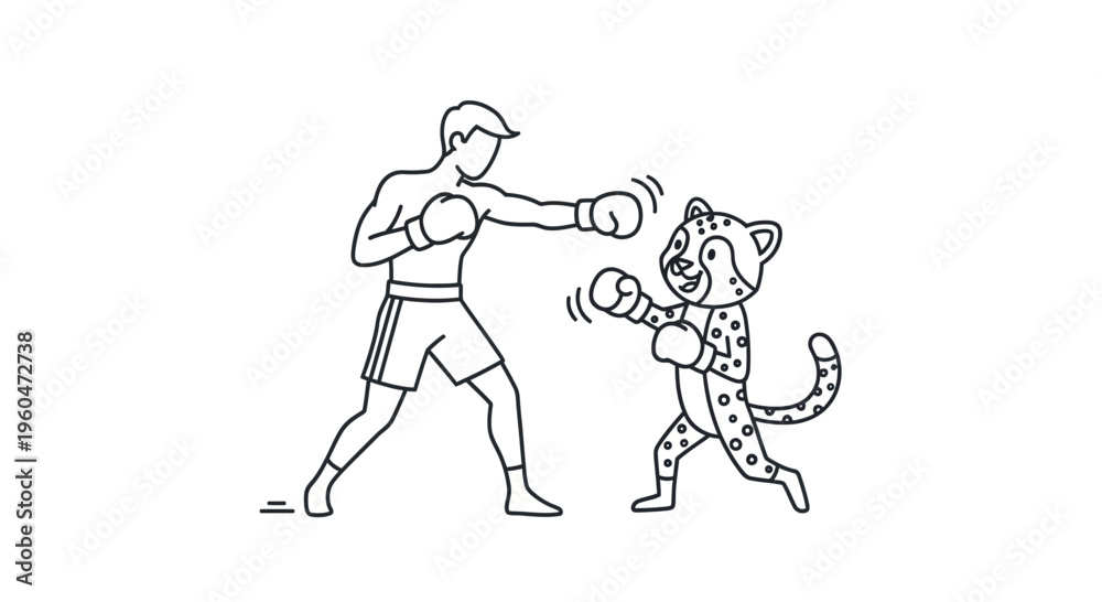 Fototapeta premium Dynamic black and white outline of a man boxing a cheerful cheetah, both wearing gloves in a