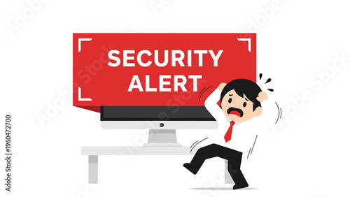 Cybersecurity Alert: Panicked Businessman Reacts to Data Breach Warning on Computer Screen