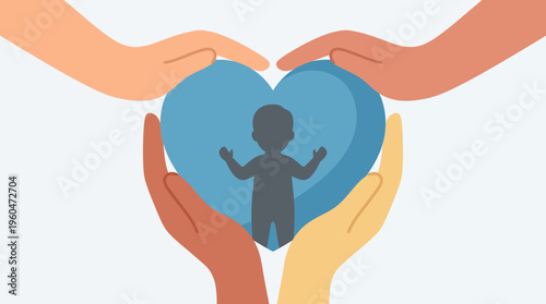 Hands holding heart with child.