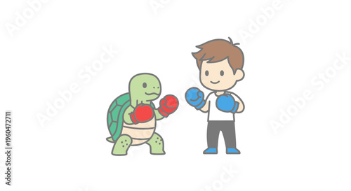 Charming Cartoon Turtle and Boy Ready for a Friendly Boxing Match Playful Confrontation