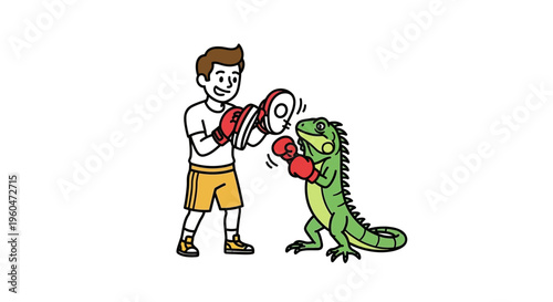 Whimsical cartoon illustration of a smiling man enthusiastically training a boxing iguana