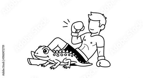 Athletic man in boxing gloves taking a whimsical break with his happy gecko companion