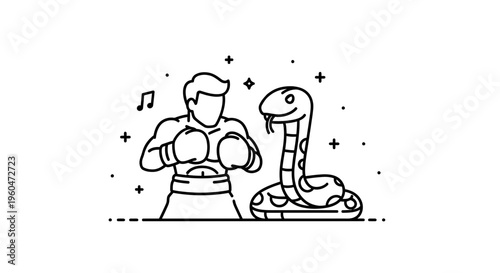 Boxer and snake iconic line art illustration depicting a unique and lighthearted challenge or