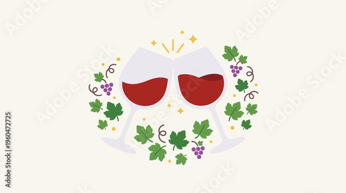 Red wine glasses with grape leaves.
