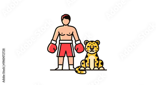 Dynamic illustration of a confident boxer standing alongside a cheerful cheetah cub showcasing