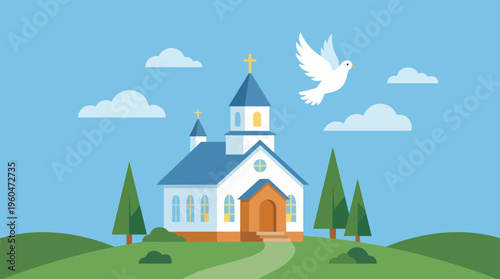 Small white church with blue roof.